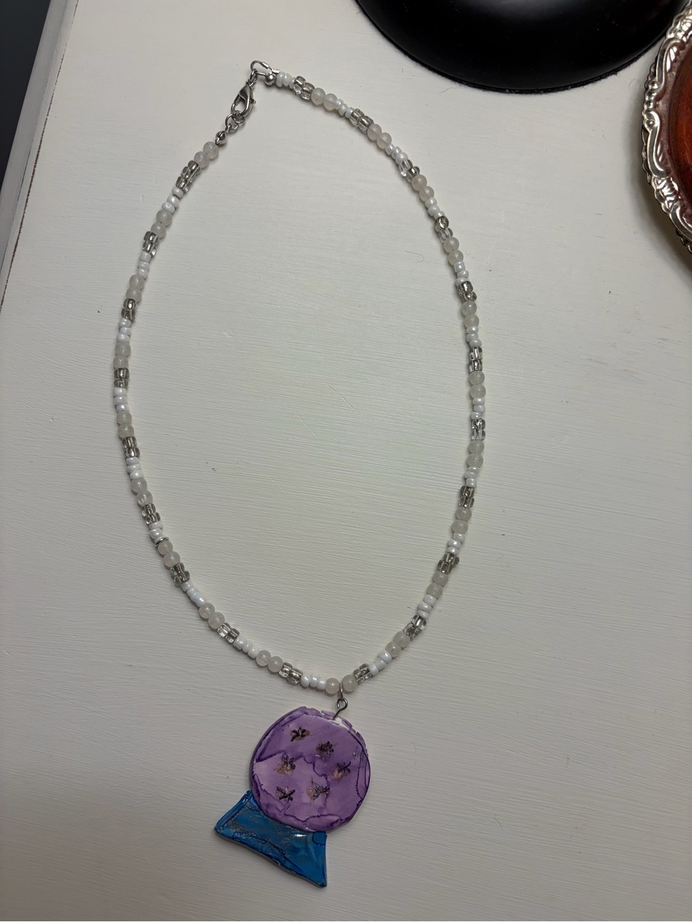 Handmade White Beaded Necklace with Purple & Blue Pendant - Unbranded